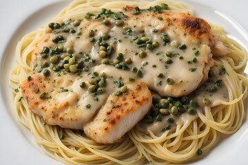 Chicken piccata with tender chicken breasts sauted in a lemon butter sauce garnished with capers, AI Generated