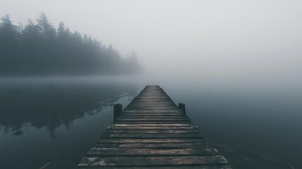 Fototapeta premium Weathered Wooden Pier Extending into a Foggy Lake with Calm Waters and Dense Forest Barely Visible in the Distance. AI generated illustration
