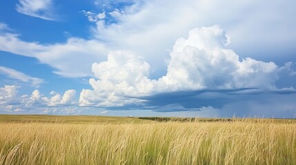 Obraz premium Wide-Open Prairie with Tall Grasses Waving in the Wind, Under a Vast Sky Filled with Towering Cumulus Clouds and Distant Thunder. AI generated illustration