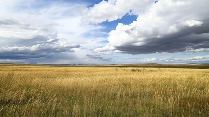 Obraz premium Wide-Open Prairie with Tall Grasses Waving in the Wind, Under a Vast Sky Filled with Towering Cumulus Clouds and Distant Thunder. AI generated illustration