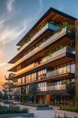 Obraz premium Eco-friendly building. Sustainable office building with garden on balconies for reducing carbon dioxide. Office building with green environment. Corporate building reduce CO2. Net zero building.