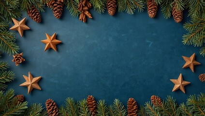 Christmas frame. Top view fir tree branches with cones and wooden handmade stars over blue background. Xmas or New Year banner mockup, greeting card
