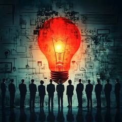 Group of business professionals brainstorms innovative ideas, with a glowing red light bulb symbolizing creativity in the background.
