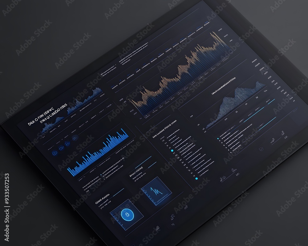 Poster modern tablet displaying various analytics and data visualizations, illustrating business and financ