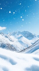 Obraz premium Pristine snow-capped mountains rise majestically under a clear blue sky, with delicate snowflakes swirling in the wind