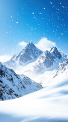 Fototapeta premium Pristine snow-capped mountains rise majestically under a clear blue sky, with delicate snowflakes swirling in the wind