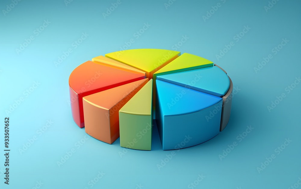 Poster a colorful 3d pie chart model with different segments on a blue background, representing statistical