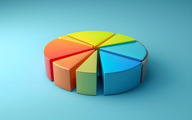 Obraz premium A colorful 3D pie chart model with different segments on a blue background, representing statistical data visualization in a clean, modern style.