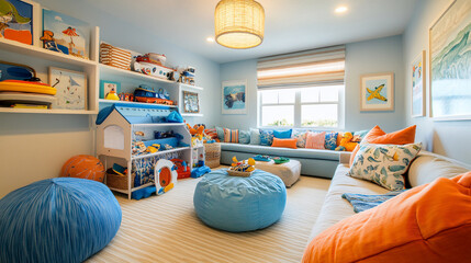Coastal-themed childrens playroom with beach accents