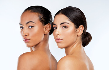Skincare, women and portrait in studio with confidence, support and natural beauty. Sisterhood,...