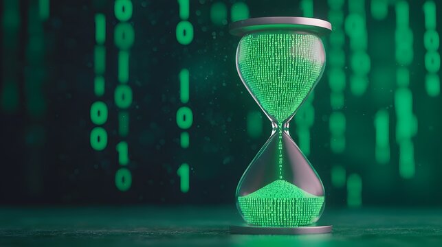 An hourglass filled with green sand sits in front of a digital background of green binary code, symbolizing the passage of time in the digital age.