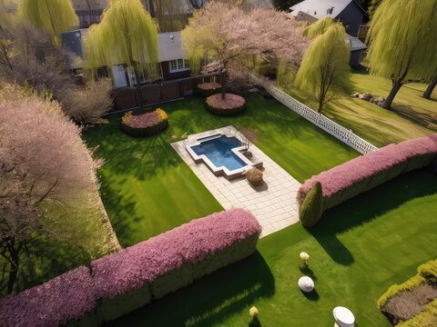 a backyard with a white aluminum horizontal fence with lush greenary,Modern house with beautiful landscape,Bello chalet blanco de dos plantas de estilo moderno con grandes ventanales, garaje y bonito 