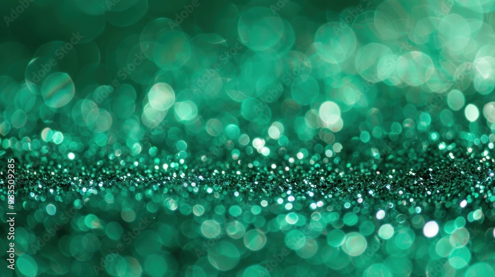 Poster a sparkling green glitter background with a bokeh effect, creating a festive and vibrant visual text