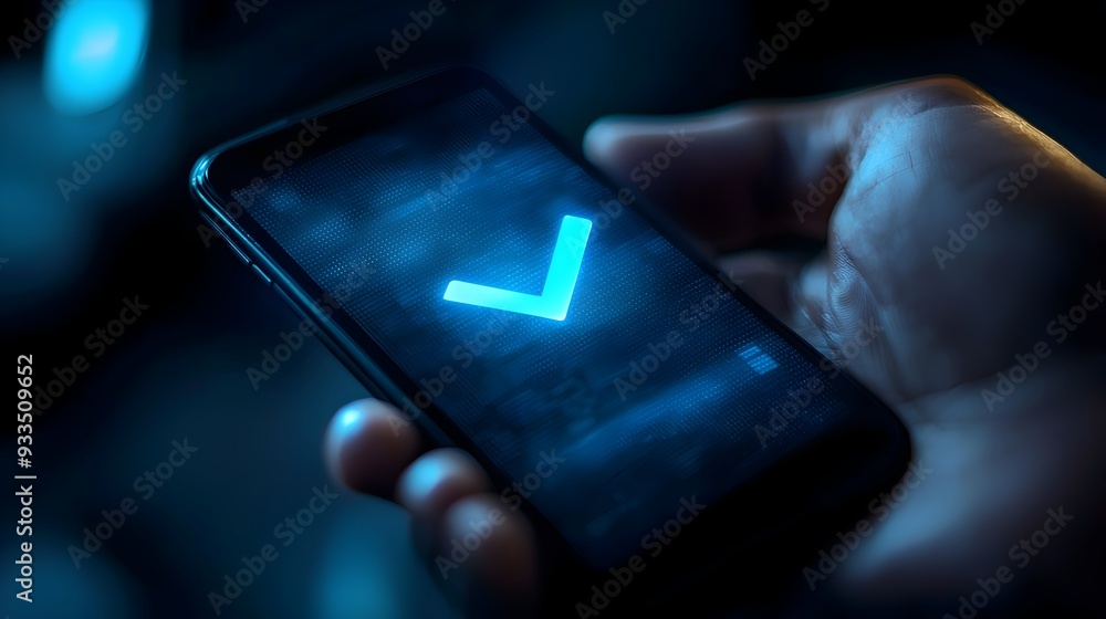 Poster animated checkmark appearing on a mobile screen indicating successful digital action