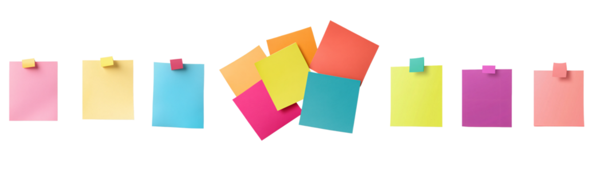Set of Colorful Sticky Notes in Single and Overlapping Rows on Transparent Background
