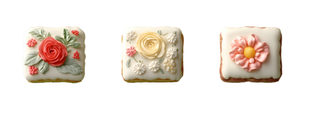 Petit Fours, each with a delicate sponge cake base, covered in a smooth glaze, and intricately decorated with fondant flowers or designs