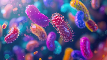 Fototapeta premium Close-up of colorful microscopic bacteria floating in a liquid environment, showcasing intricate details and vibrant colors.