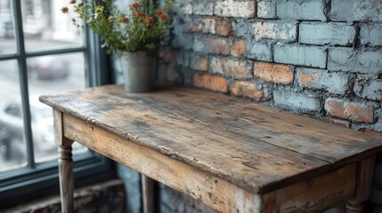 rustic minimalist product backdrop weathered brick wall worn farmhouse table neutral tones soft lighting understated elegance