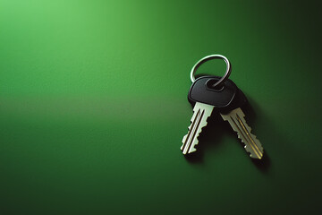 3D green car keys on the green background in pastel colors.	