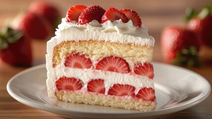 A close-up of a slice of strawberry cake with whipped cream and strawberry slices on top, served on a dessert plate.