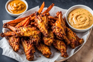 Oven baked chicken wings coated in a tangy honey mustard sauce served with a side of sweet potato, AI Generated