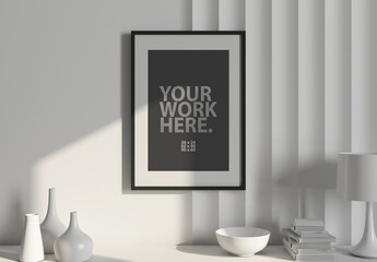 Vertical poster with black frame mockup and passepartout hanging above shelf