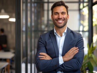 Businessman standing with arms crossed, smiling in a contemporary office, realistic photo quality.
