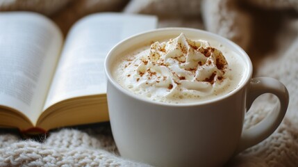 A cup of white hot chocolate topped with whipped cream and a sprinkle of cinnamon, served on a cozy table with a book beside it.