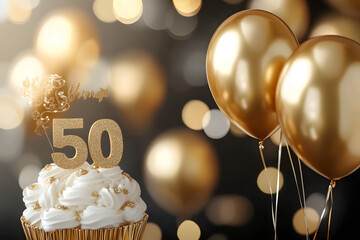 Background for a 50 years birthday anniversary concept with golden balloons and cupcakes