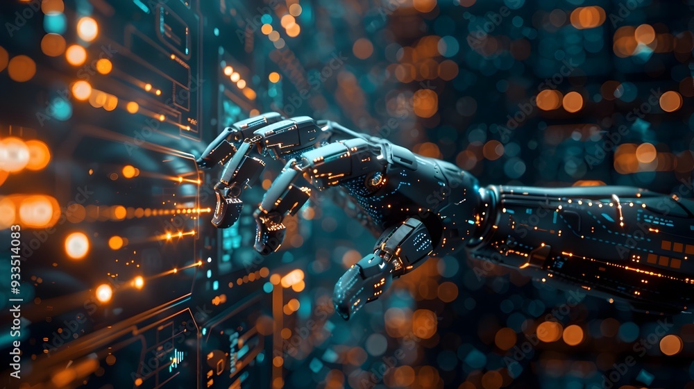 Poster futuristic robotic arm interacting with glowing digital network in conceptual communication technolo
