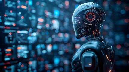 Futuristic Cyborg Humanoid in Vibrant Digital Cityscape Visualization of Advanced AI powered Technology