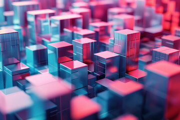 Obraz premium Abstract 3D cubes in vibrant pink and blue tones, representing futuristic urban landscapes and technology.