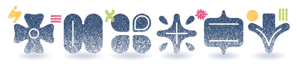 Noise shapes with grain gradient. Abstract y2k figure. Halftone noise icon set. Circle star flower dot vector element. Gradation graphic pattern. Y2k modern design. Half tone effect geometry shape