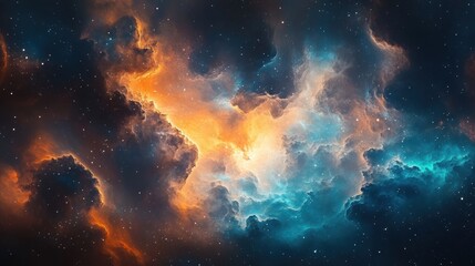 A breathtaking view of space featuring swirling nebulous clouds in vibrant oranges and blues.