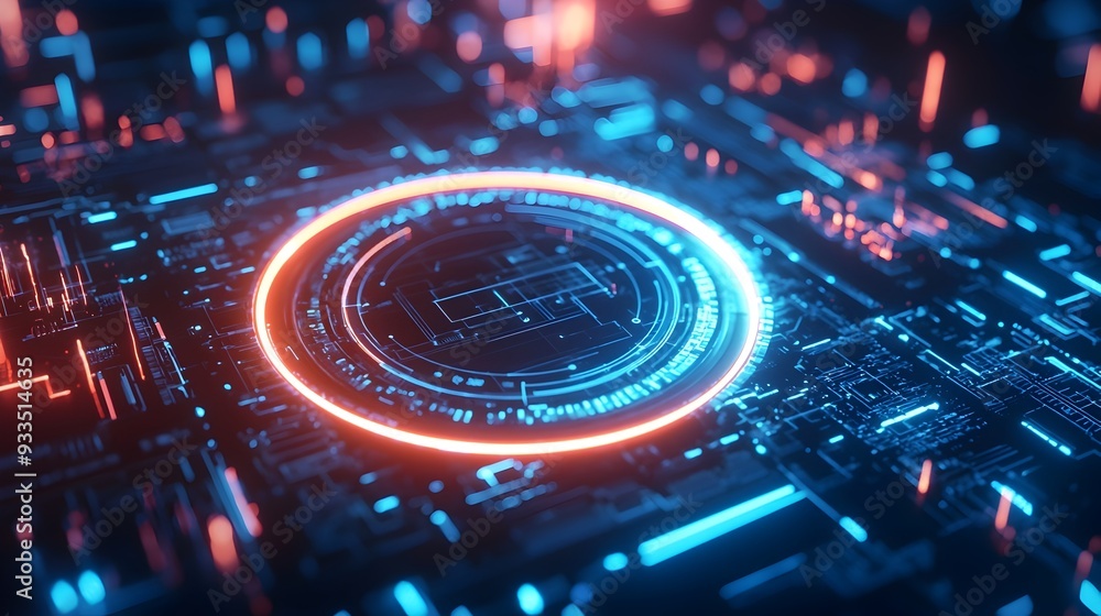 Poster futuristic holographic glow circle floating over digital interface representing advanced technology