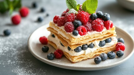 A French millefeuille with vanilla cream and fresh berries, beautifully plated on a white dish, with a backdrop of a rustic gray concrete table.