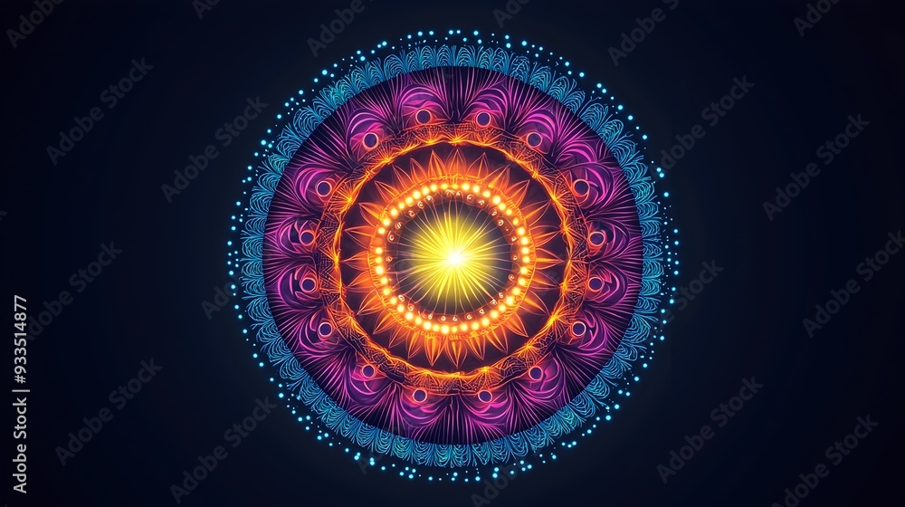 Poster mesmerizing circular mandala pattern with glowing edges symbolizing unity and balance
