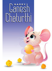 Happy Ganesh Chaturthi Text with Cute Pink Mouse vector Background