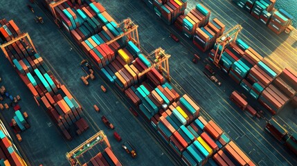 Aerial view of shipyard, rows of containers, global trade scene, 3D illustration