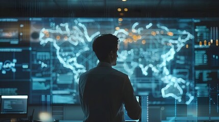 Business Leader Discussing Innovative Ideas on Futuristic Digital Whiteboard in Sleek Office