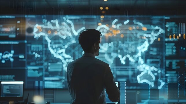 Business Leader Discussing Innovative Ideas on Futuristic Digital Whiteboard in Sleek Office