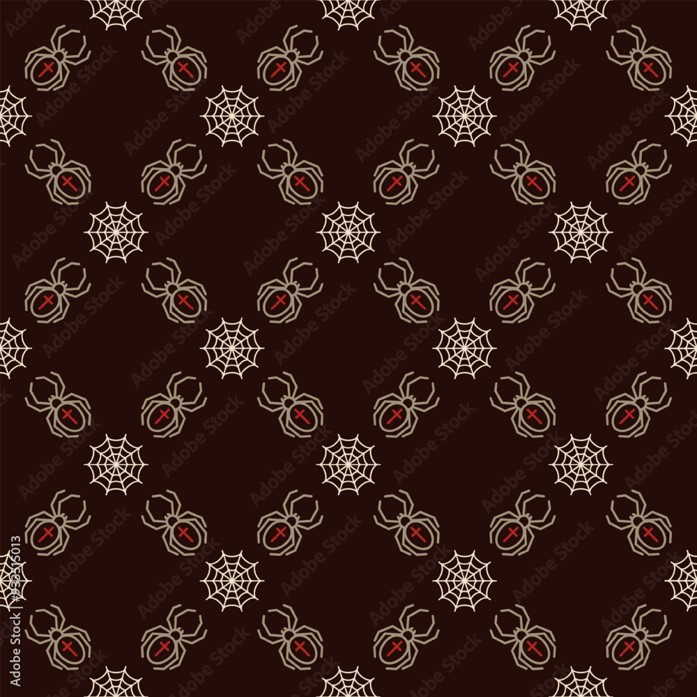 Poster geometric halloween pattern with square grid with icons of spider, spider web on dark background. cl