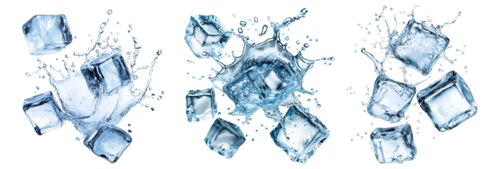 Collection set of clear blue many ice cubes icecubes splash explosion swirl wave of water liquid on transparent cutout PNG. Many different angles. Mockup template artwork graphic design