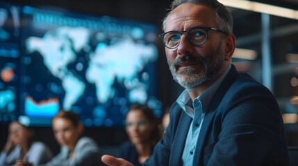 Fototapeta premium Business Leader Presenting Groundbreaking Strategy to Diverse Team in High Tech Boardroom