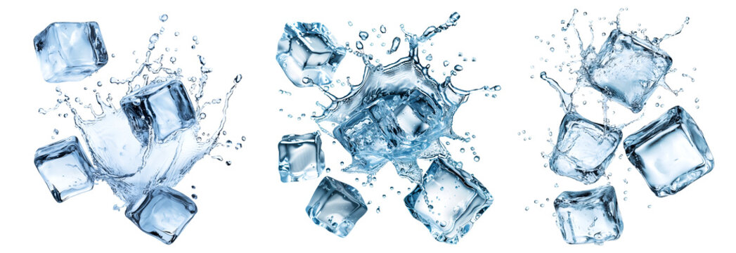 Collection set of clear blue many ice cubes icecubes splash explosion swirl wave of water liquid on transparent cutout PNG. Many different angles. Mockup template artwork graphic design