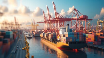Fototapeta premium Cargo ship unloading at busy port, cranes and containers, 3D illustration 