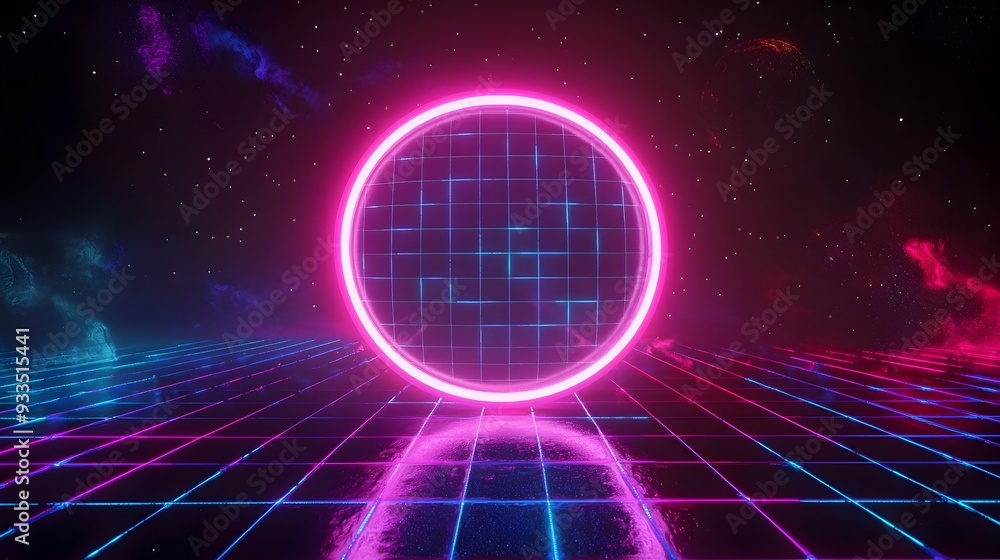 Poster Glowing Neon Grid Pattern in Retro 80s Style Futuristic Abstract Background