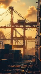 Classic film aesthetic, 1960s shipyard with containers piled high, bold lines and warm retro tones, cranes silhouetted against the smoky sky, grainy film effect 
