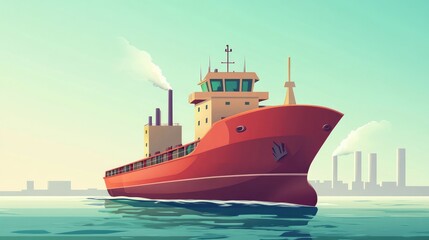 Fototapeta premium Cargo vessel flat design front view theme industrial animation vivid 