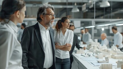 Business Leader Reviewing Prototypes and Discussing Future Technologies in Innovation Lab